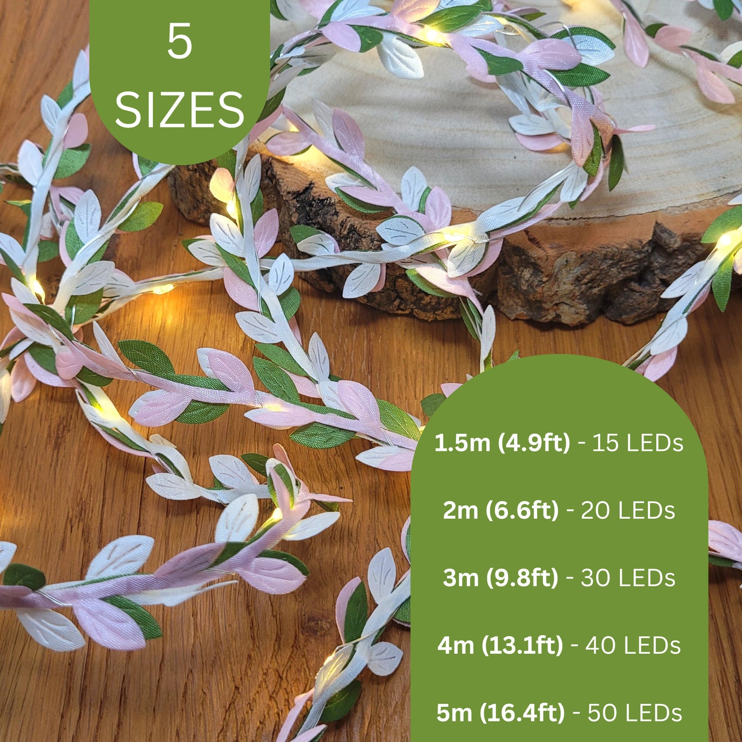 Pale Pink, White & Green Leaf Fairy Lights